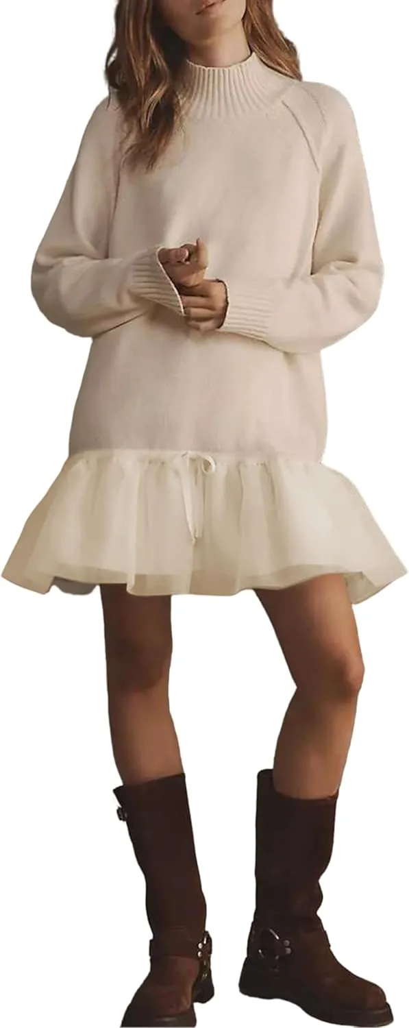 Yeokou Women Turtleneck Tulle Mini Dress Ribbed Knit Sweater Long Sleeve Elastic Hem Skirt Loose Pullover