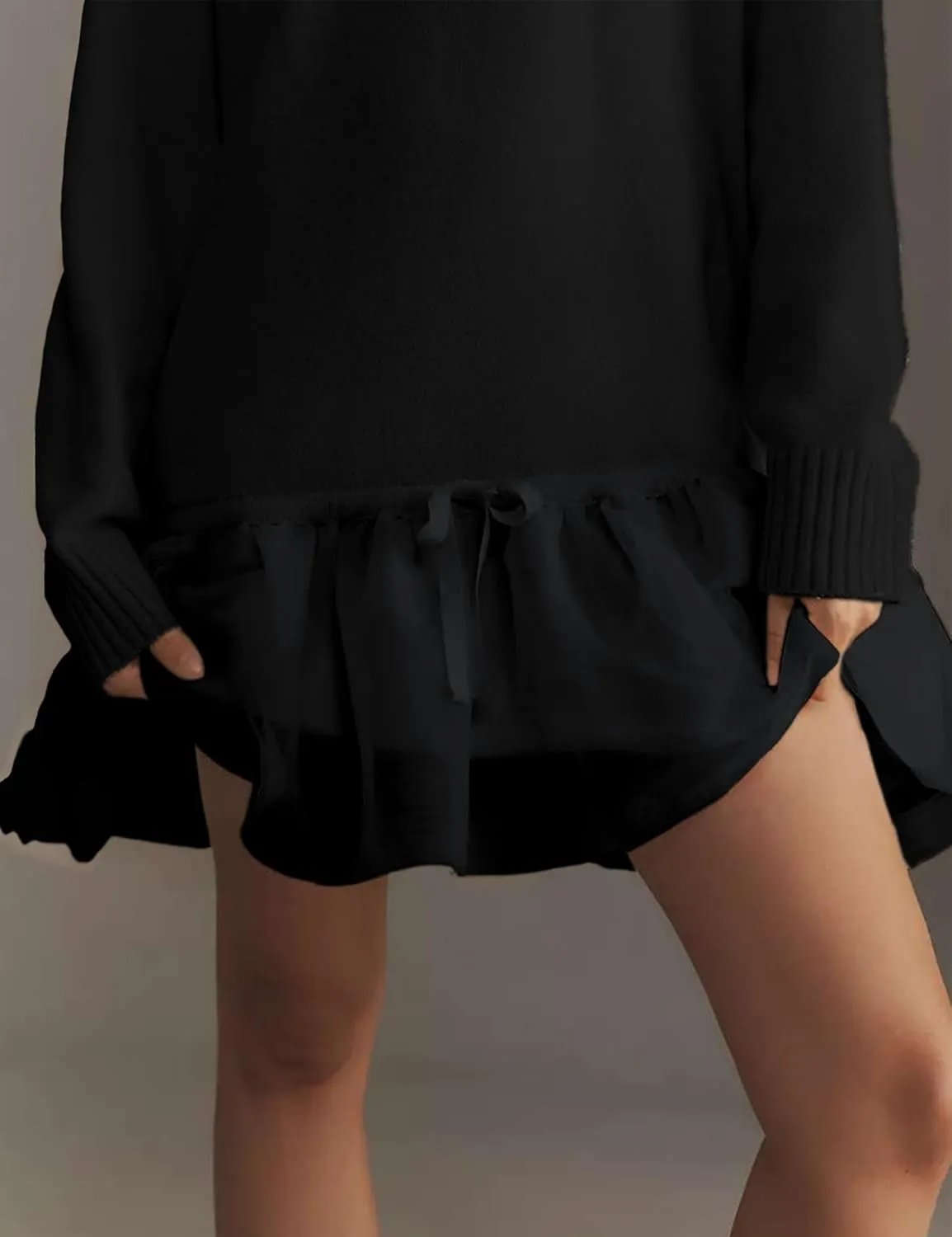Yeokou Women Turtleneck Tulle Mini Dress Ribbed Knit Sweater Long Sleeve Elastic Hem Skirt Loose Pullover