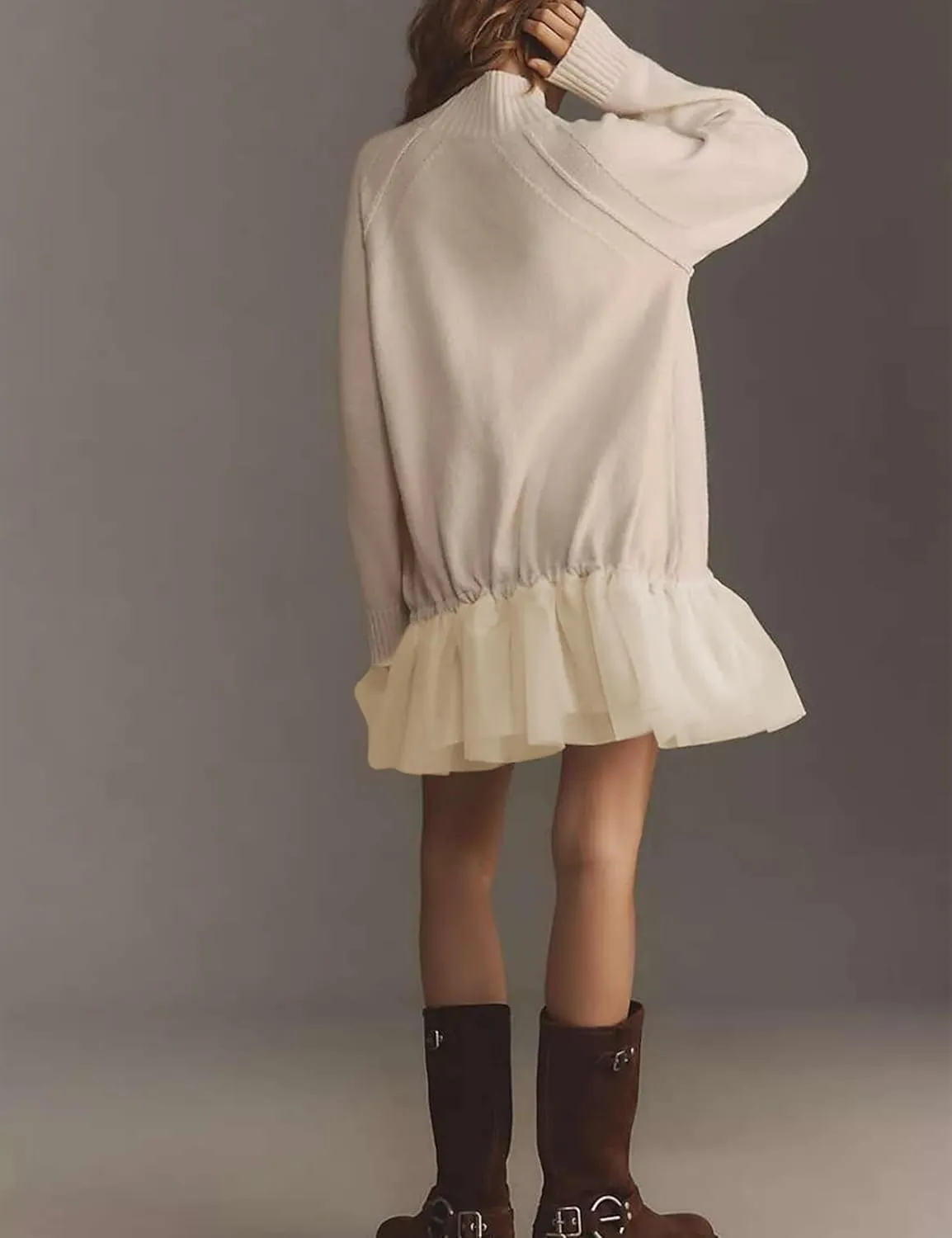 Yeokou Women Turtleneck Tulle Mini Dress Ribbed Knit Sweater Long Sleeve Elastic Hem Skirt Loose Pullover