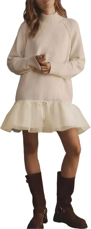 Yeokou Women Turtleneck Tulle Mini Dress Ribbed Knit Sweater Long Sleeve Elastic Hem Skirt Loose Pullover