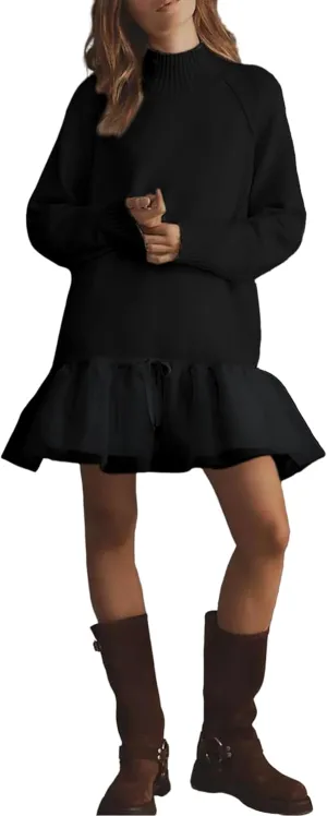 Yeokou Women Turtleneck Tulle Mini Dress Ribbed Knit Sweater Long Sleeve Elastic Hem Skirt Loose Pullover