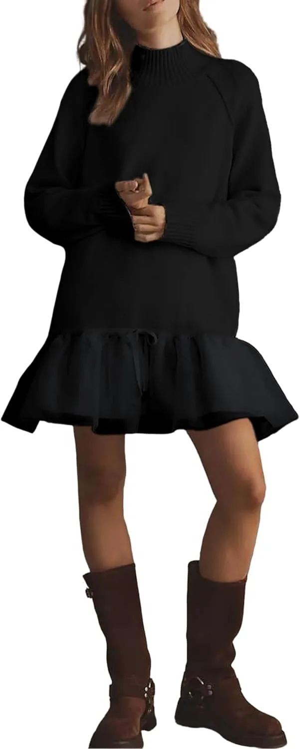 Yeokou Women Turtleneck Tulle Mini Dress Ribbed Knit Sweater Long Sleeve Elastic Hem Skirt Loose Pullover