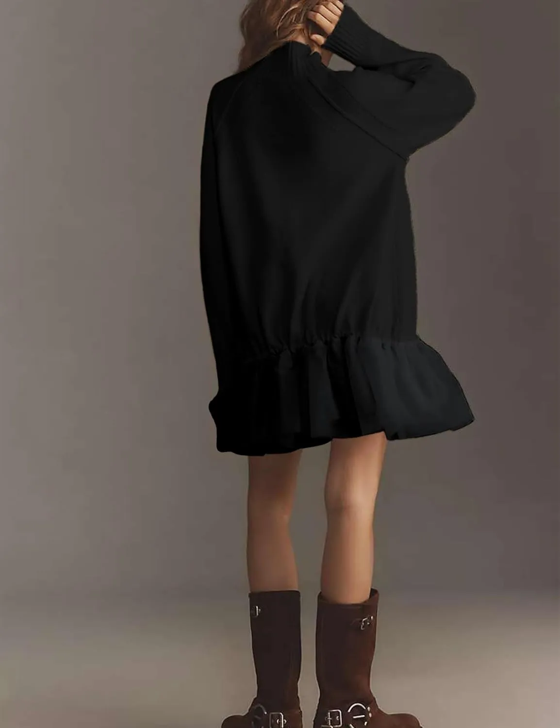 Yeokou Women Turtleneck Tulle Mini Dress Ribbed Knit Sweater Long Sleeve Elastic Hem Skirt Loose Pullover