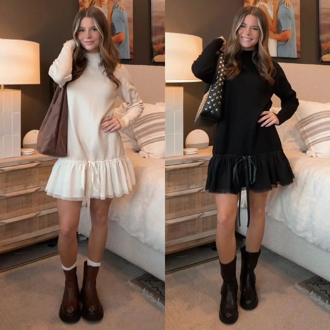 Yeokou Women Turtleneck Tulle Mini Dress Ribbed Knit Sweater Long Sleeve Elastic Hem Skirt Loose Pullover