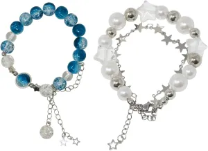 yueton 2 Pack Y2K Imitation Pearls Star Double Layer Chain Bracelet Blue Glass Beads Bracelet Friendship Jewelry for Women